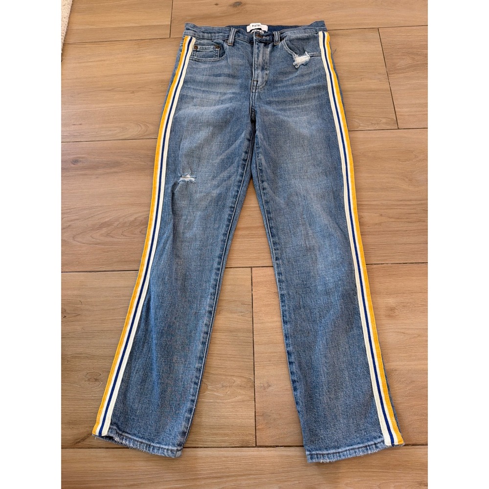 Pistola Womens Side Stripe Distressed Straight Leg‎ Jeans Medium Wash Size 29